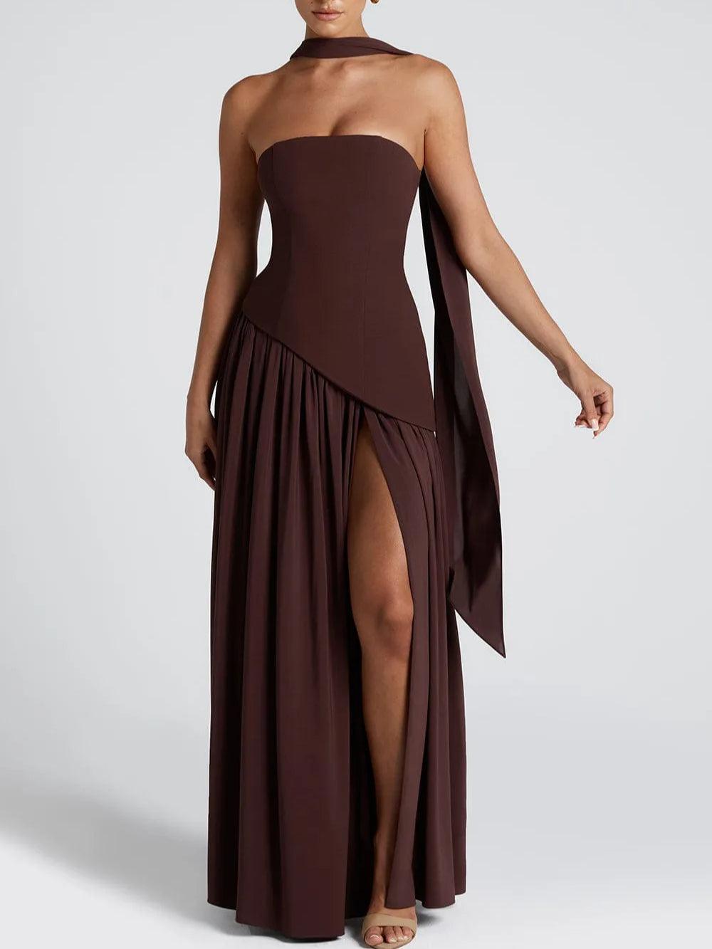 La Maliyah — Strapless Draped Maxi in Plum Brown