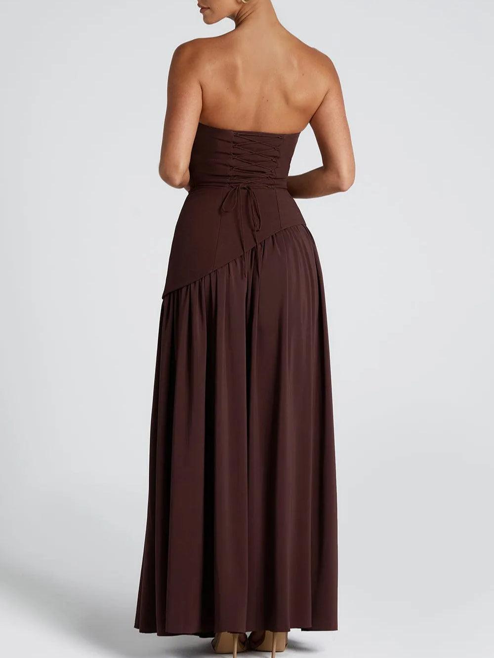 La Maliyah — Strapless Draped Maxi in Plum Brown