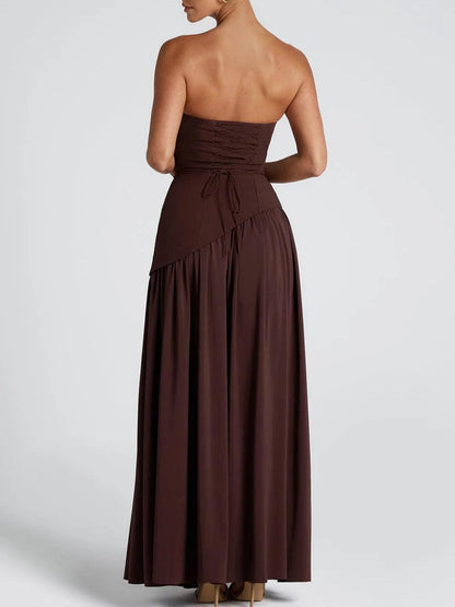 La Maliyah — Strapless Draped Maxi in Plum Brown