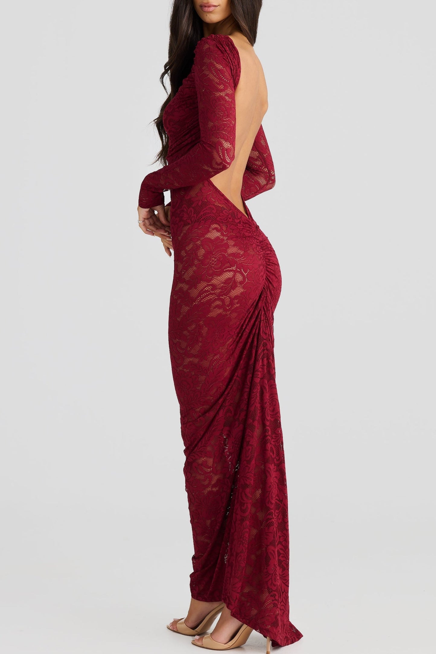 La Seraphine — Sheer Lace Maxi with Gathered Detail